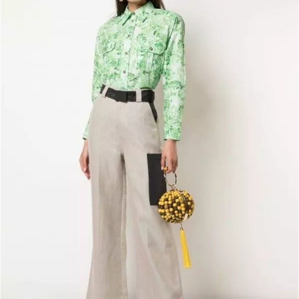 GANNI Buttondown Print Green Poplin Shirt